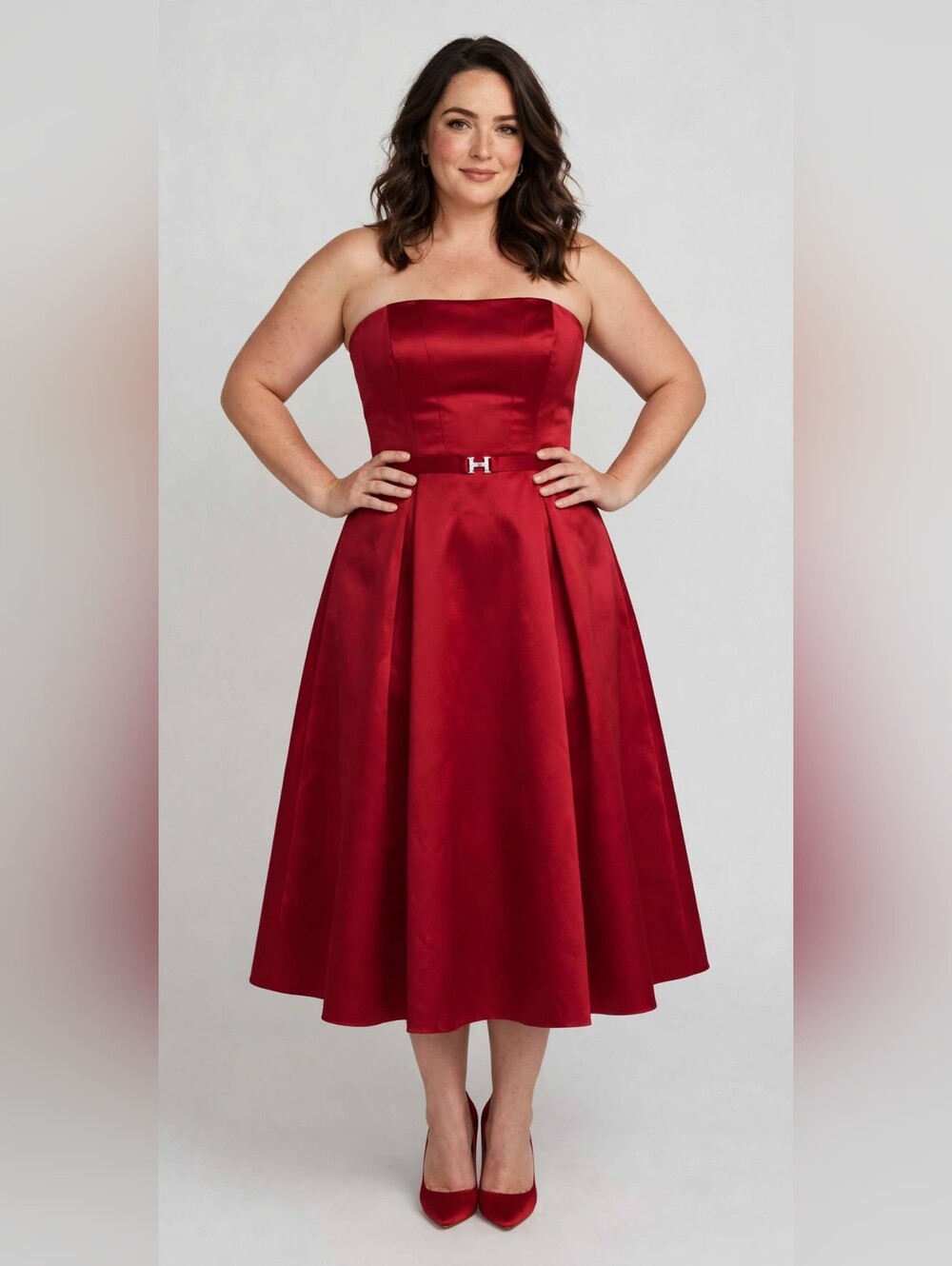 🌹Michaelangelo Strapless Red Satin Tea Length Cocktail Dress Size 14